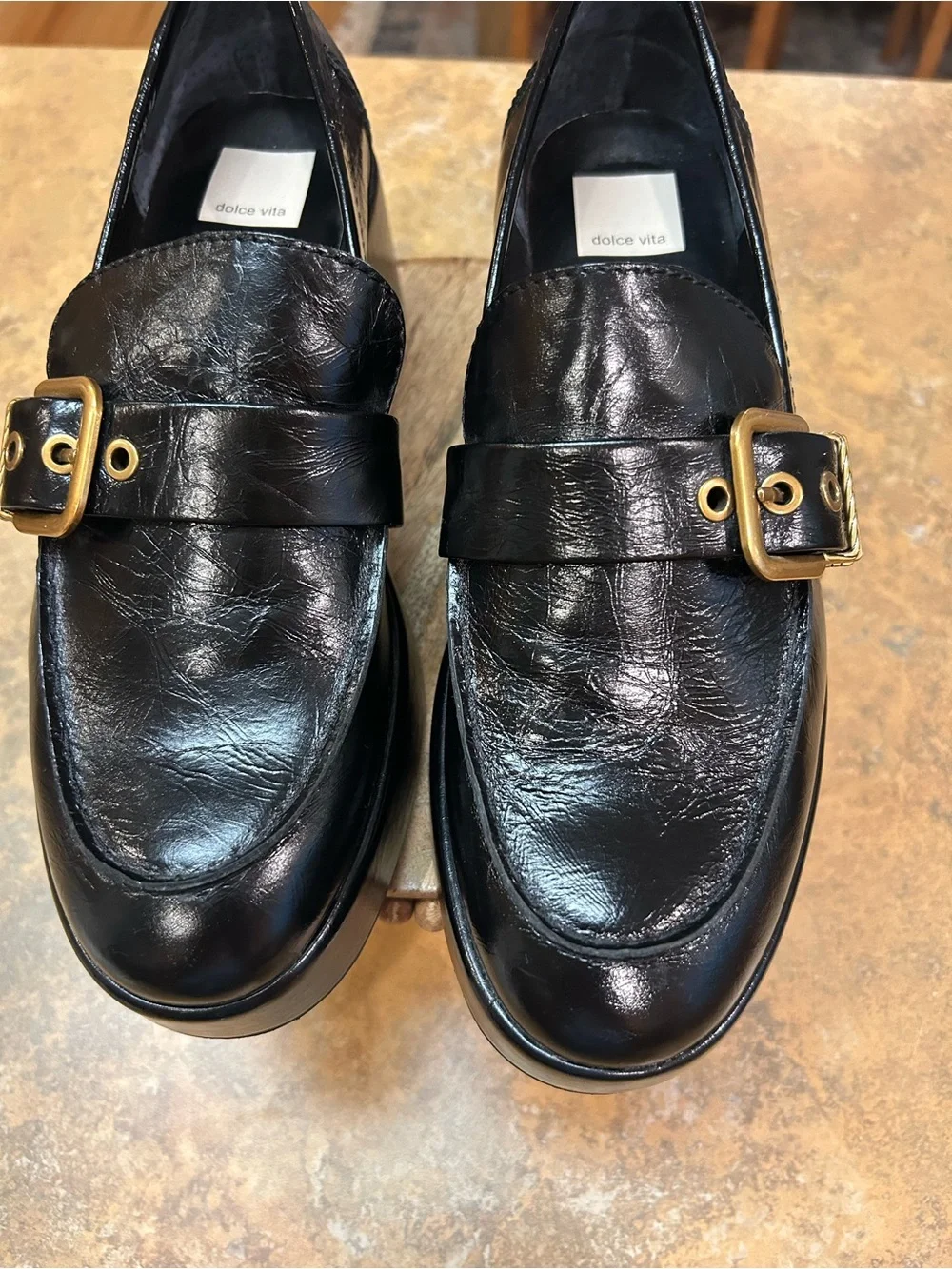 Anthropologie /Dolce Vita Yonder Black Platform Loafer with Gold Buckle